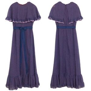 Vtg Miss Elliette Capelet Maxi Dress Navy Blue Indigo Polka Dot Women's 14